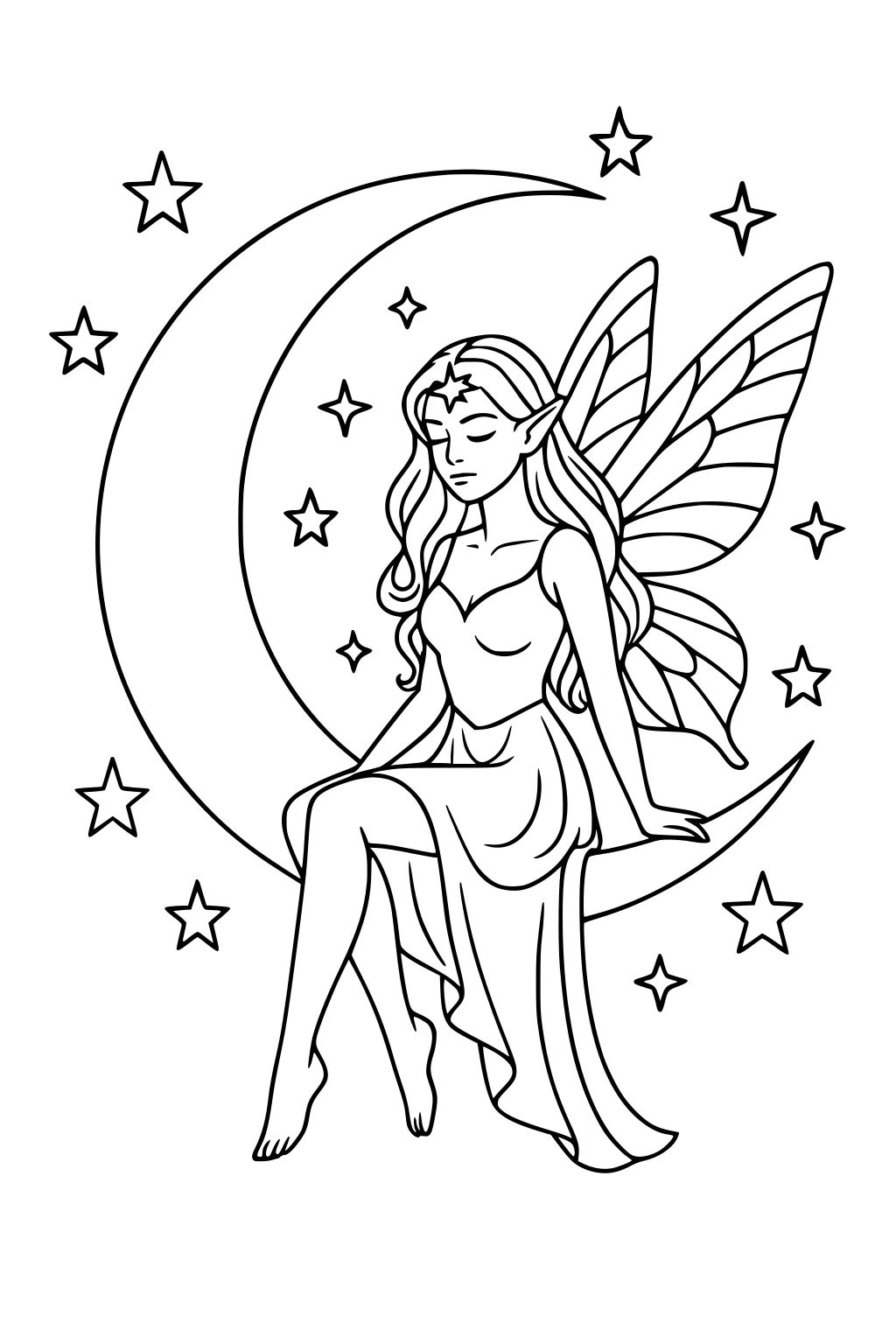 Fairy girl with wings sits on a crescent moon, eyes closed, long hair and dress flowing, stars scattered around the night sky.