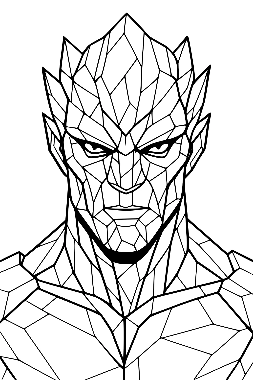 Geometric alien bust with crystal facets, narrow eyes, pointy ears, and bold polygon lines on the face, neck, and shoulders.