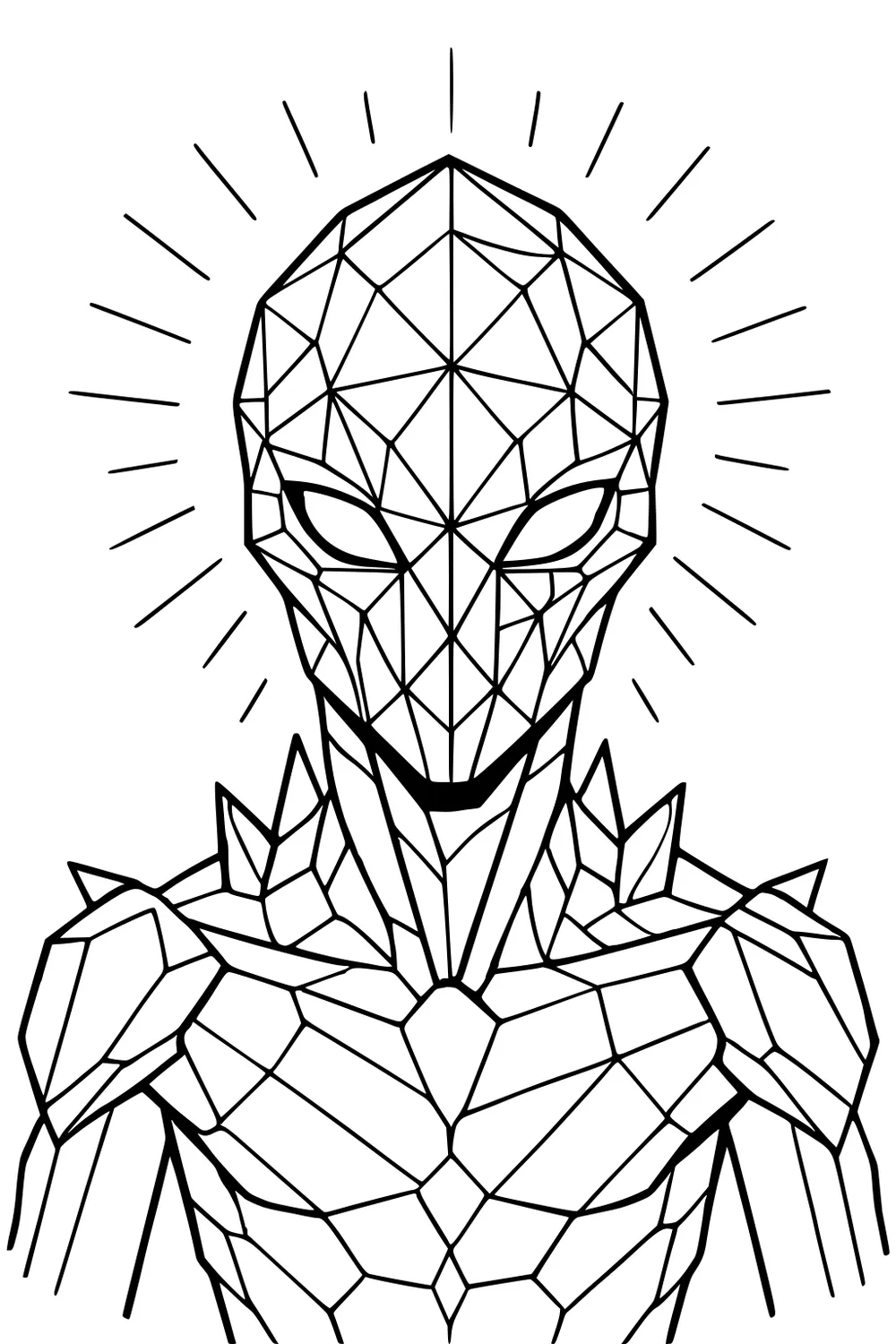 Geometric alien portrait with large almond eyes, crystal-like armor, and radiating lines around the head in black outline.