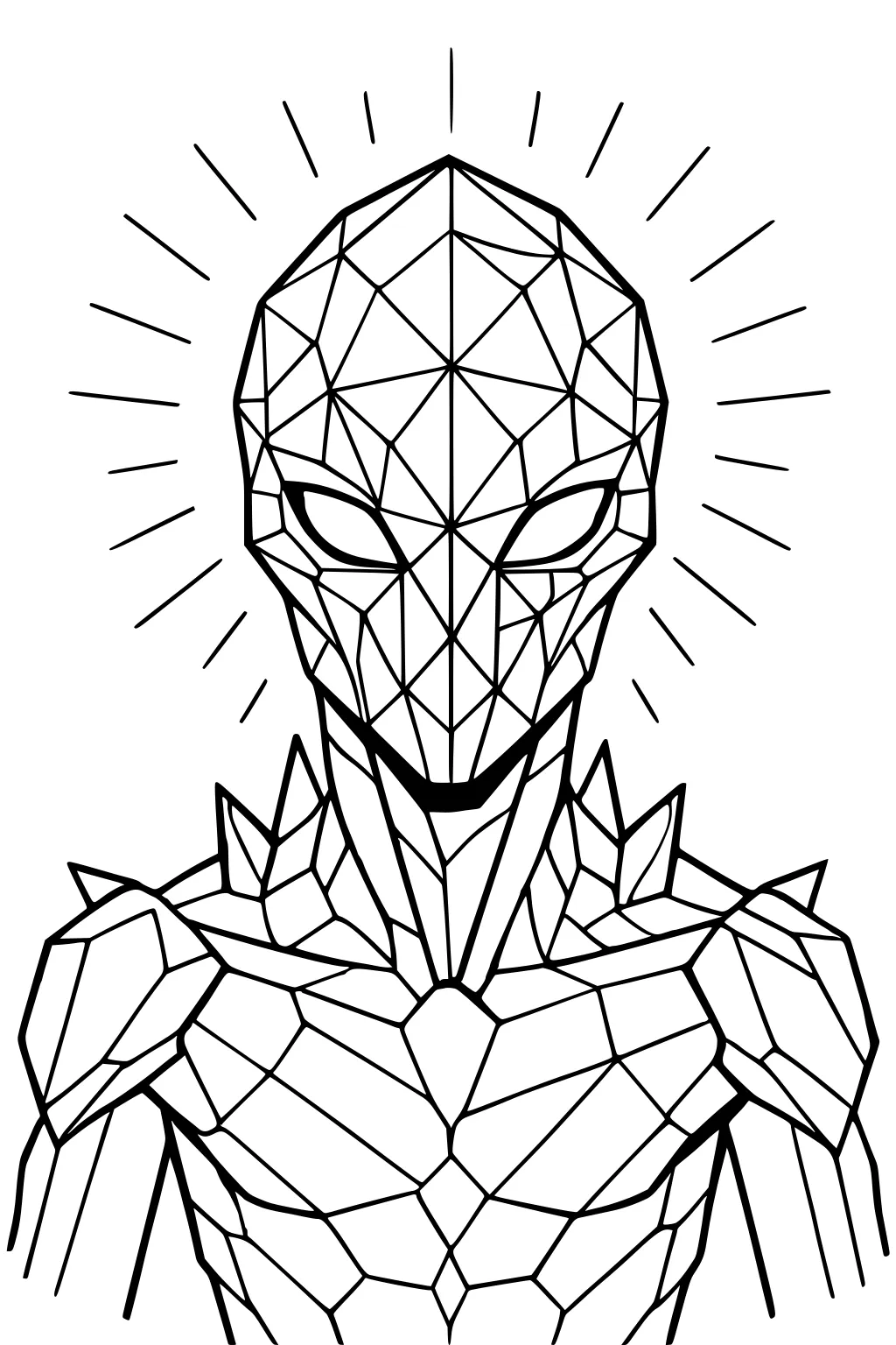 Geometric alien portrait with large almond eyes, crystal-like armor, and radiating lines around the head in black outline.