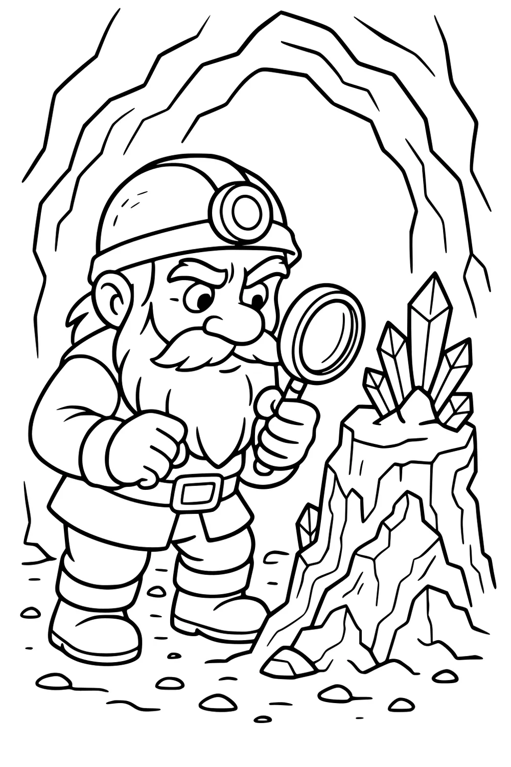 Bearded dwarf miner with headlamp inspects a spiky crystal cluster using a magnifying glass inside a rocky cave with pebbles.