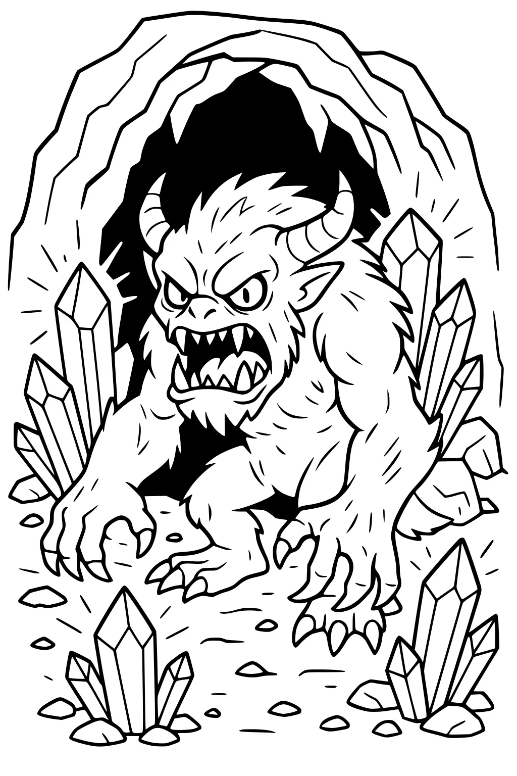 Horned furry monster crouching at a cave mouth with sharp teeth and claws, surrounded by tall crystal clusters and scattered rocks.