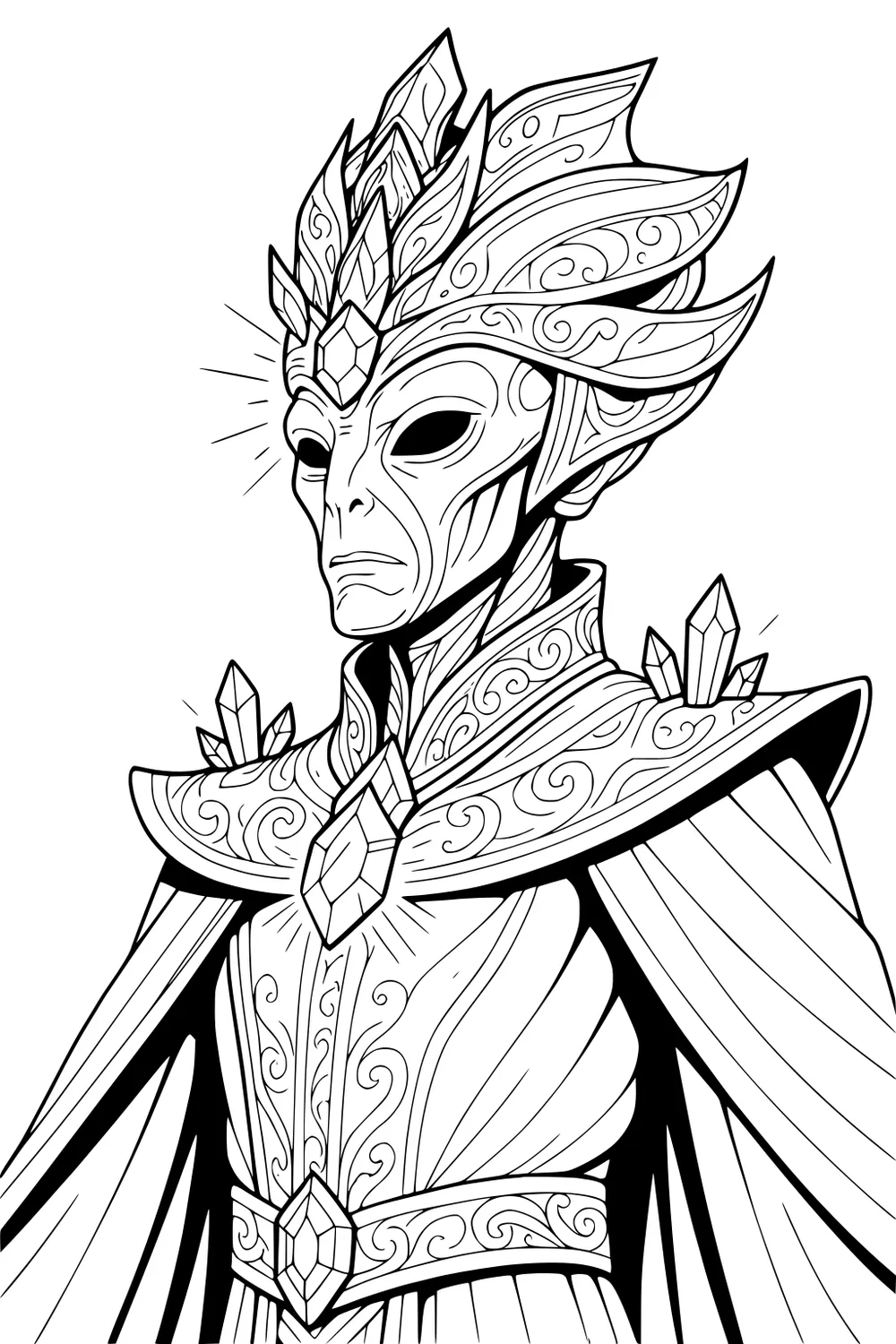 Alien king with crystal crown, dark eyes, ornate robe and cloak, big chest and belt gems, swirling patterns, upper-body view.