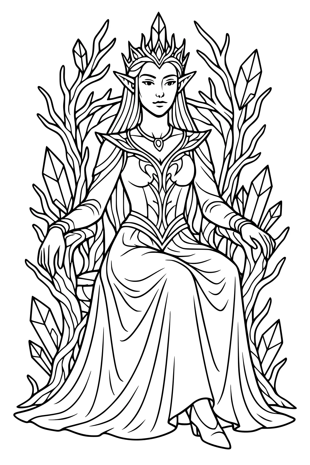 Elf queen on a crystal and vine throne, jeweled crown, long gown with pendant, relaxed hands, long hair, pointed ears.