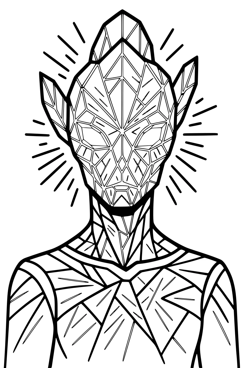 Geometric alien portrait with crystal-like triangles, pointy ears, long neck, and radiating lines around the head.