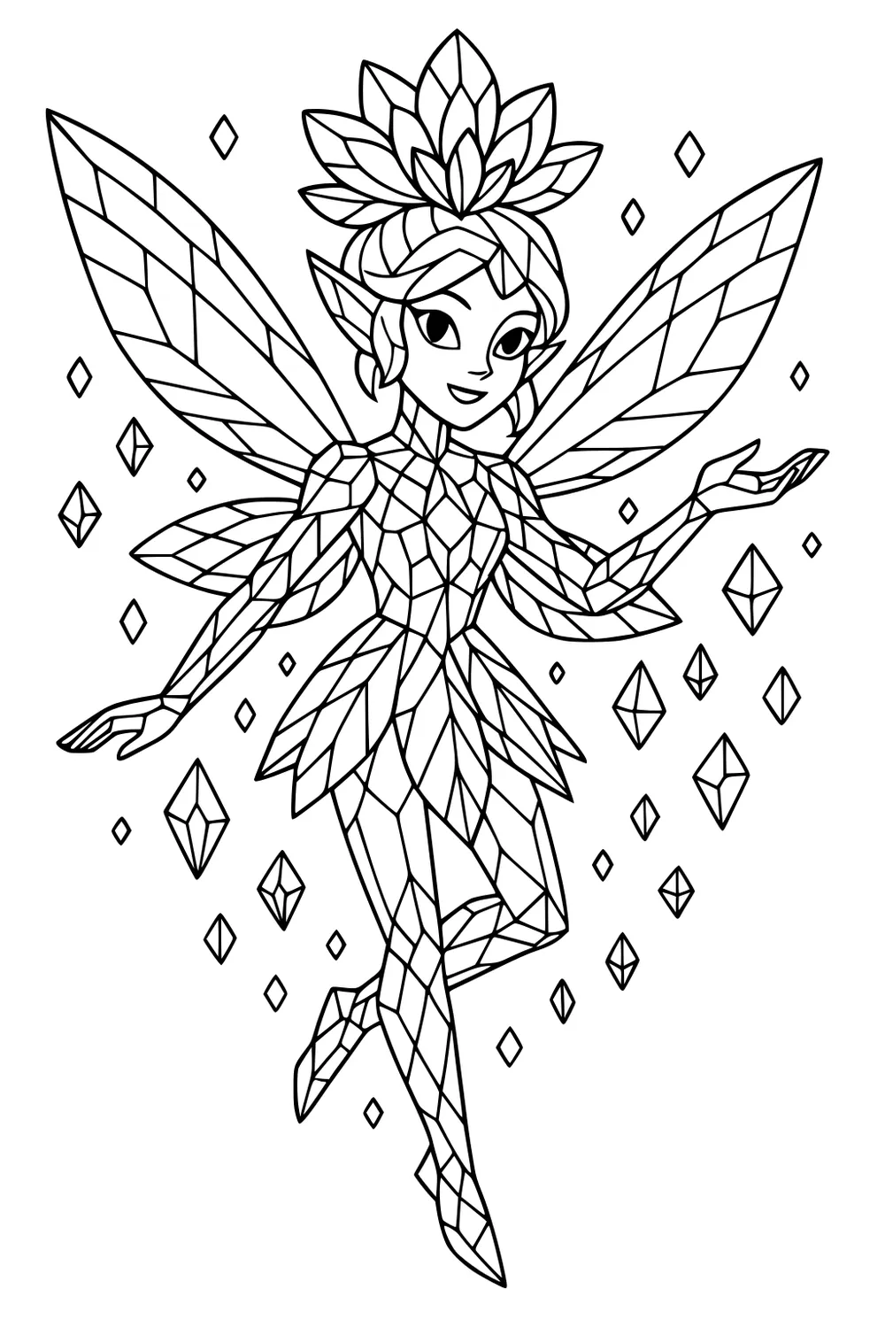 Fairy girl with faceted wings, flower crown, and crystal dress, floating among diamond gems with one leg bent and arms open.