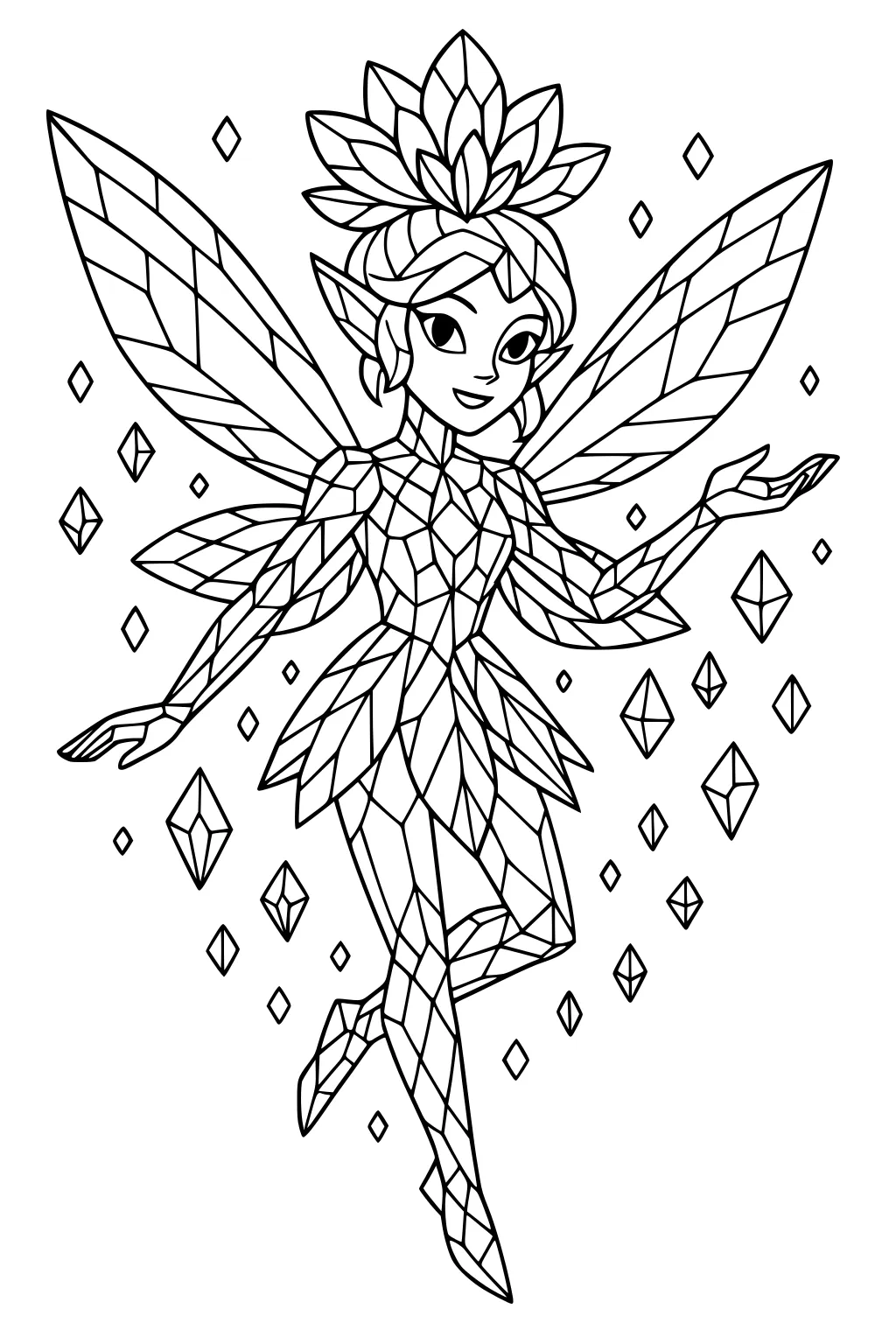 Fairy girl with faceted wings, flower crown, and crystal dress, floating among diamond gems with one leg bent and arms open.
