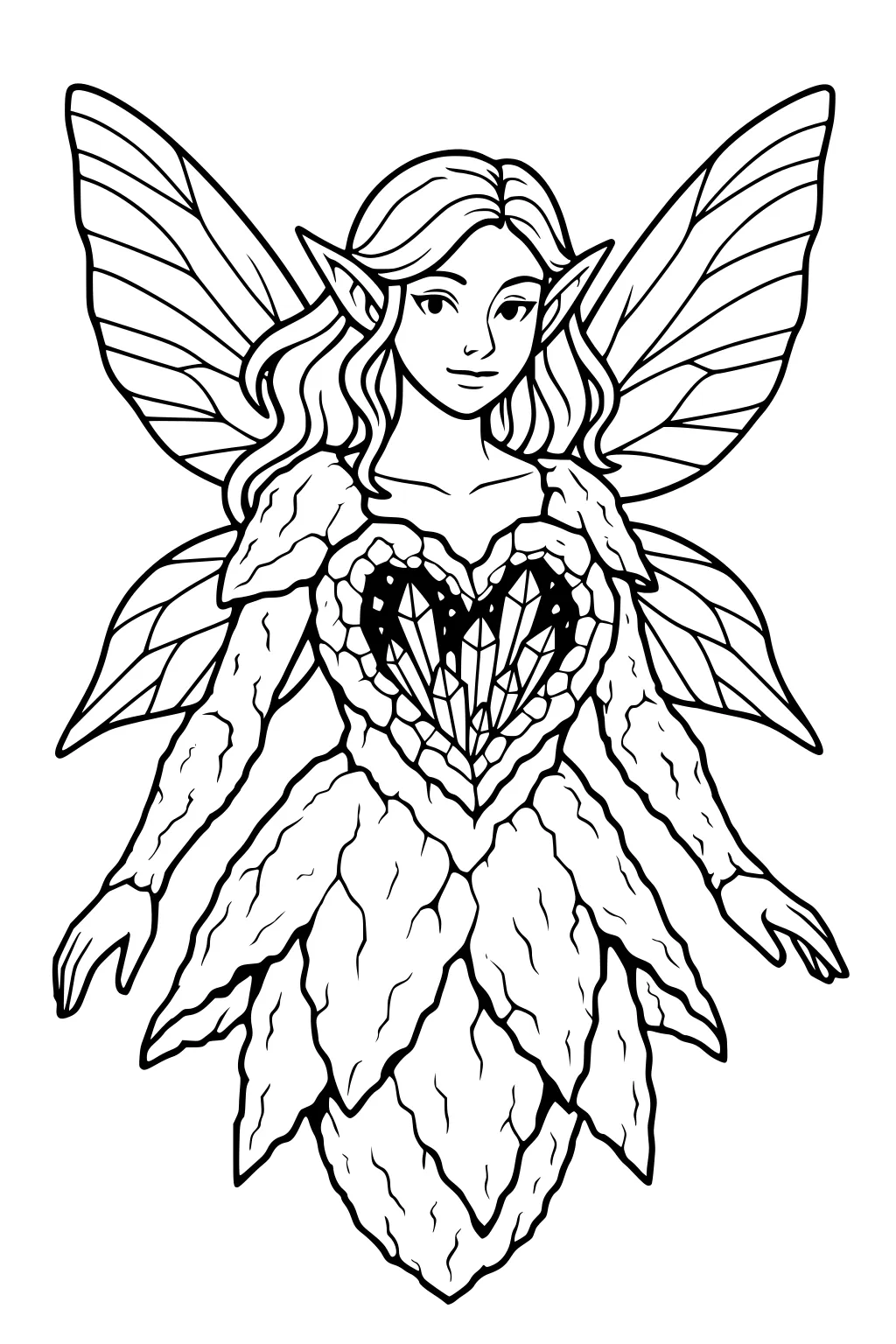 Winged fairy girl with elf ears, wavy hair, leaf dress, and a faceted heart gem on her chest, arms out, outlined for coloring.