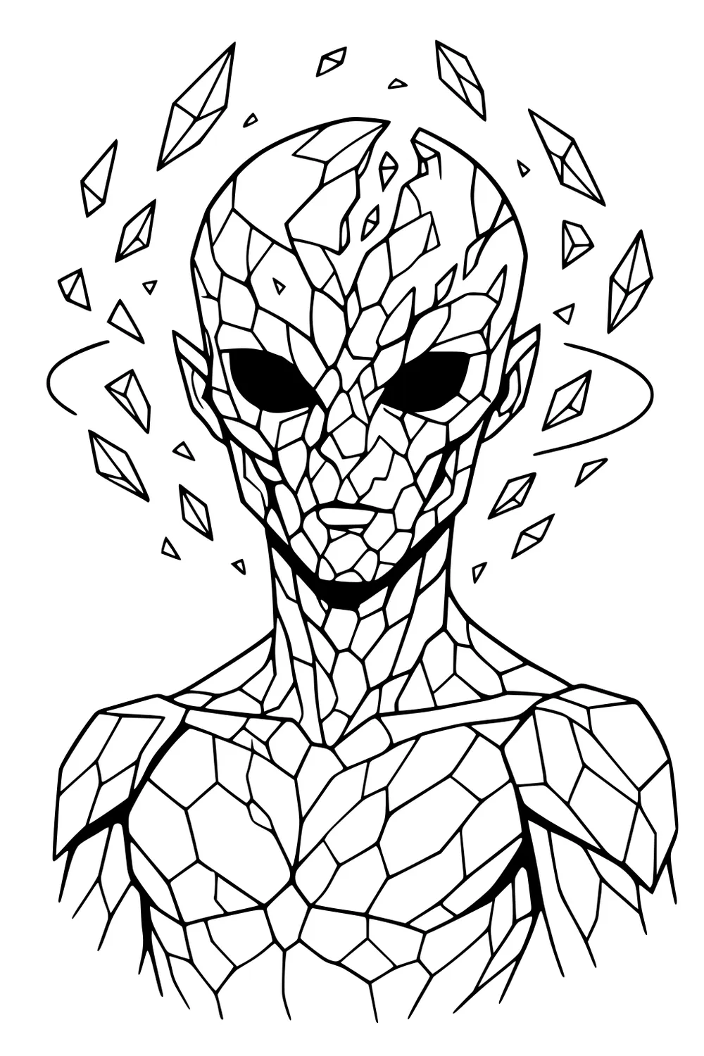 Geometric alien bust with crystal-like skin, large black eyes, and floating shards circling its head, outlined for coloring.