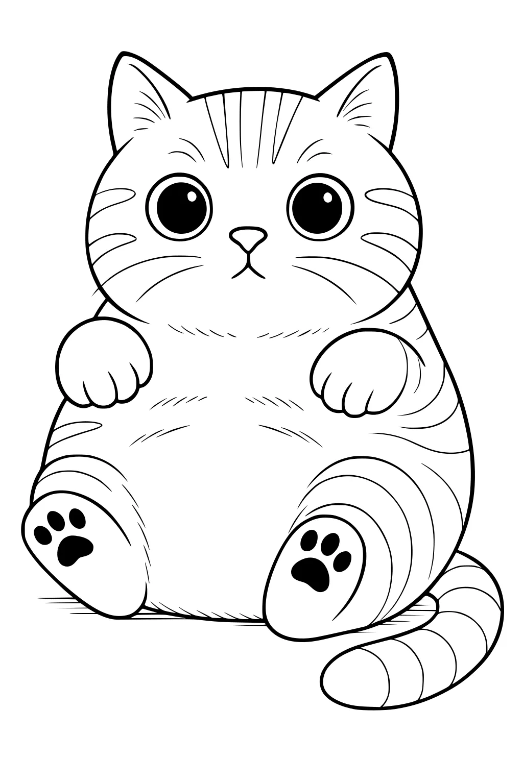 Chubby striped kitten sitting upright with large round eyes and visible front paw pads.