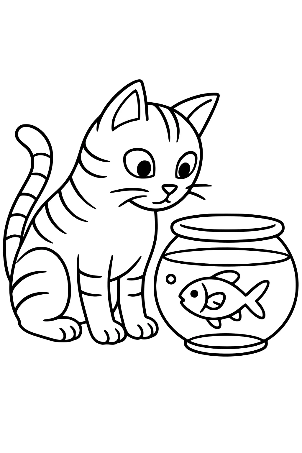 Striped cat sitting beside a round fishbowl, looking at a fish swimming inside the bowl.
