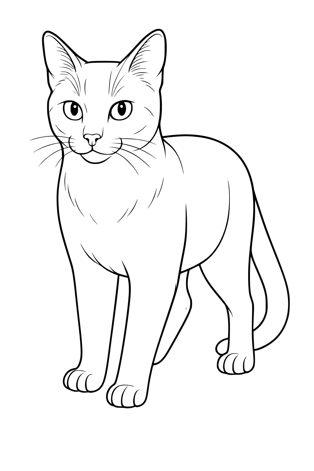 Line drawing of a domestic cat standing on all fours with big eyes, perked ears, and a long tail.