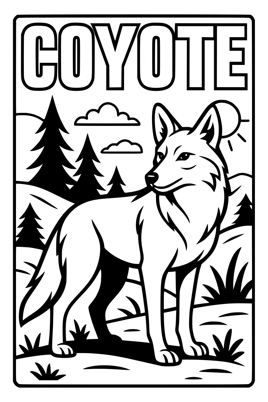 Coyote standing on a hill surrounded by grass, pine trees, sun, and clouds in the background with bold outlines.