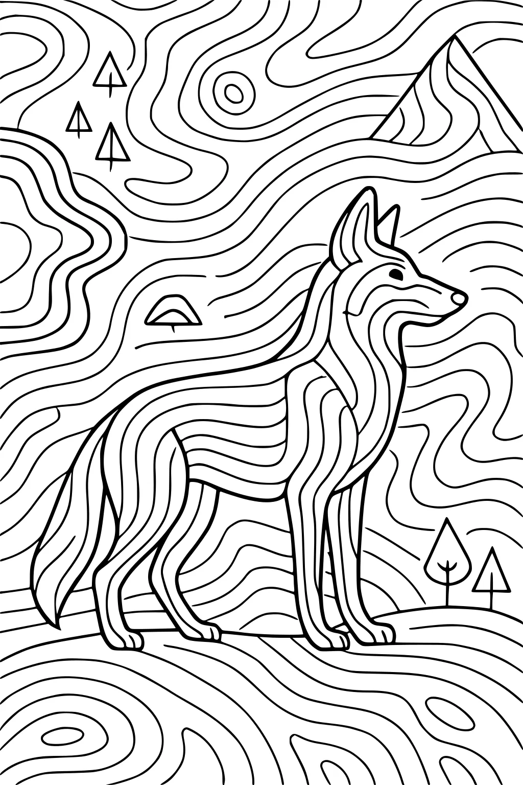 Coyote standing on a hill, surrounded by swirling lines, trees, and a mountain in the distance.
