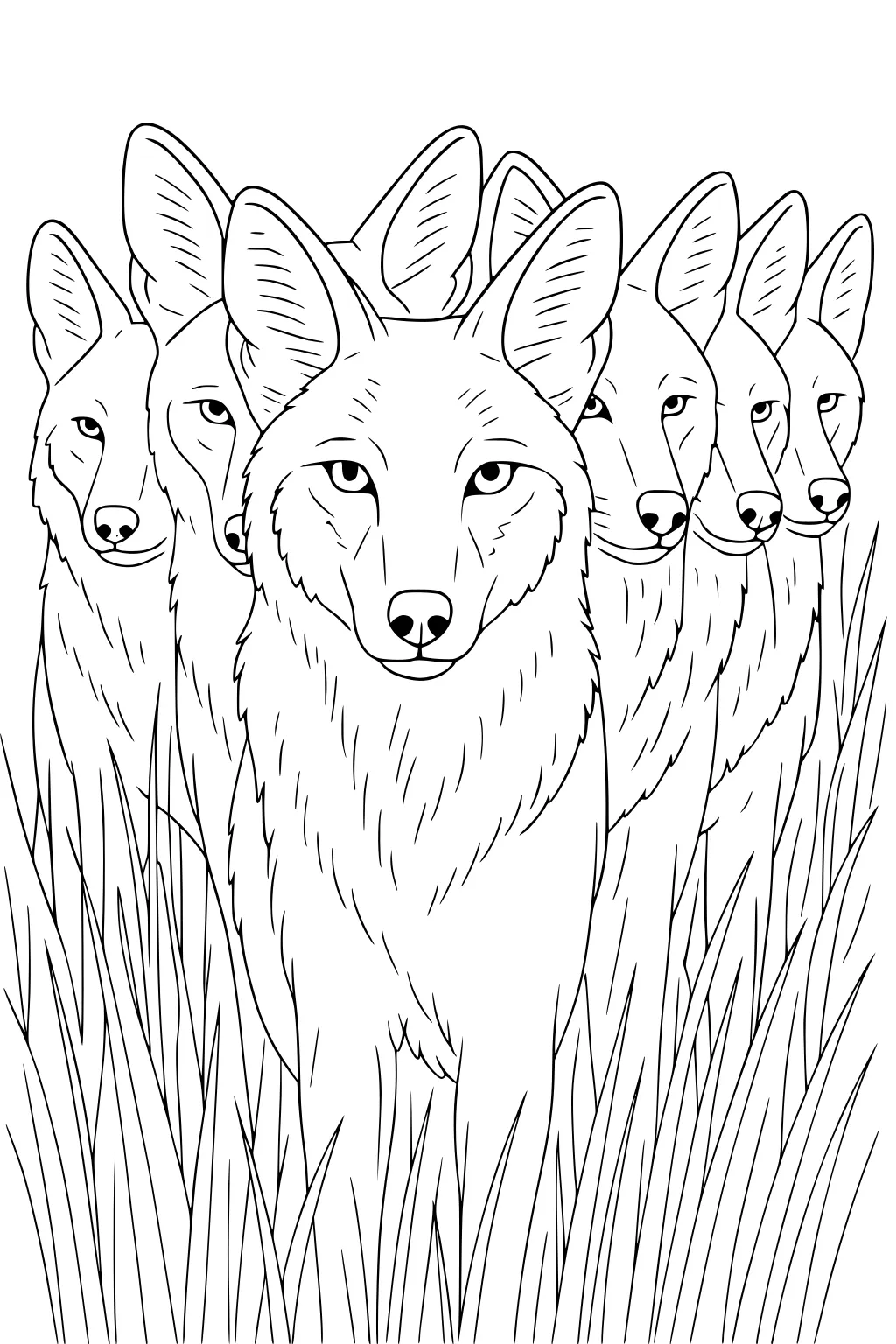 Seven coyotes lined up side by side with tall grass in front, all facing forward with big ears and detailed fur.