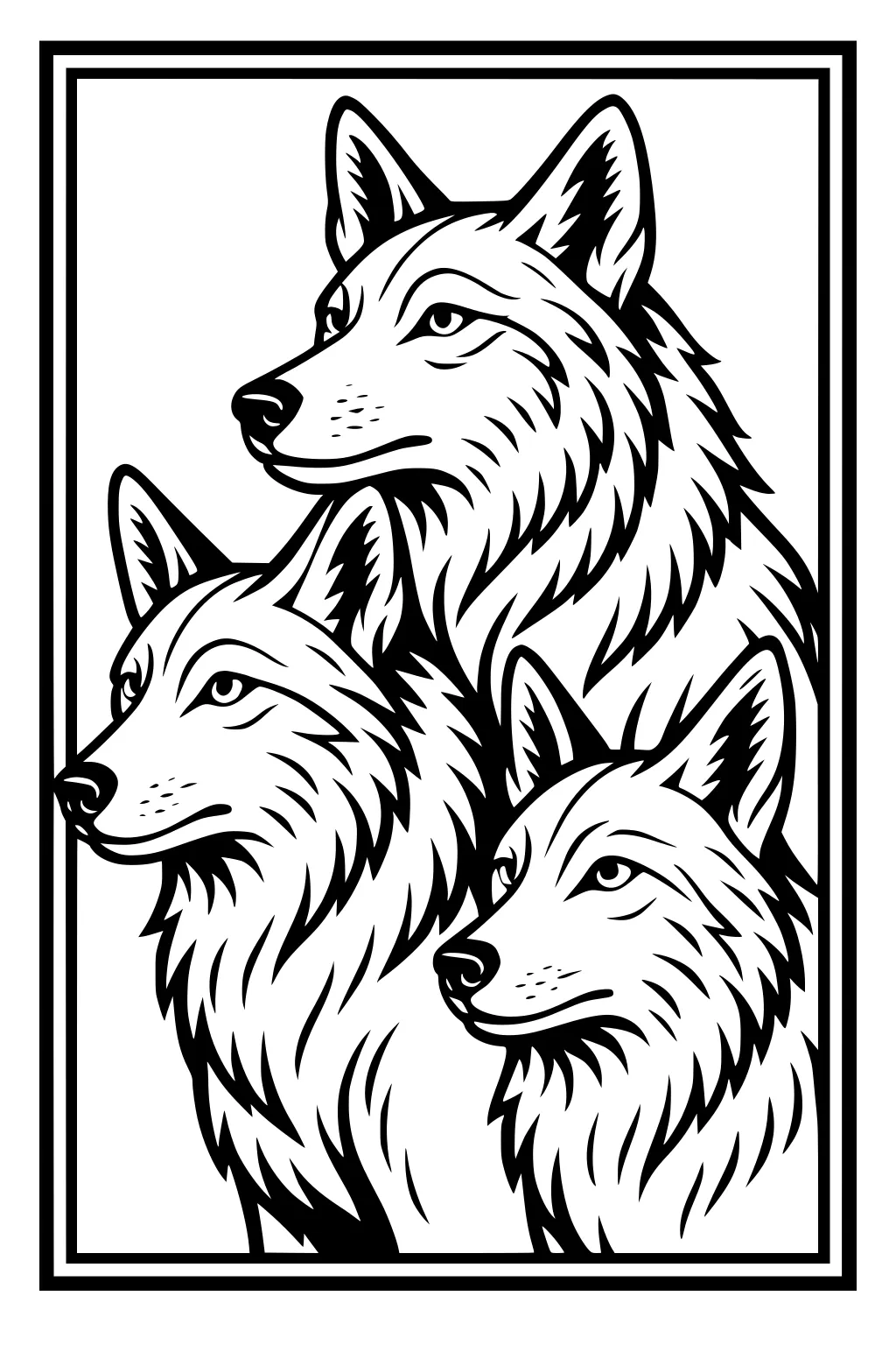 Three coyote heads with fluffy fur and upright ears, close together inside a rectangular border.