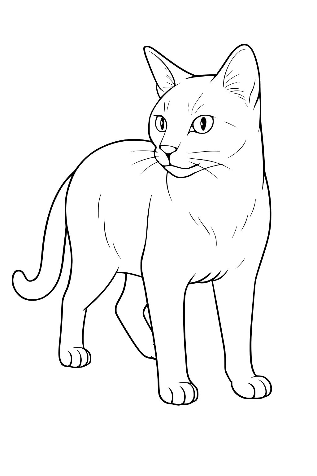 Line drawing of a domestic cat standing with one paw lifted, looking backward, with pointed ears and a curved tail.