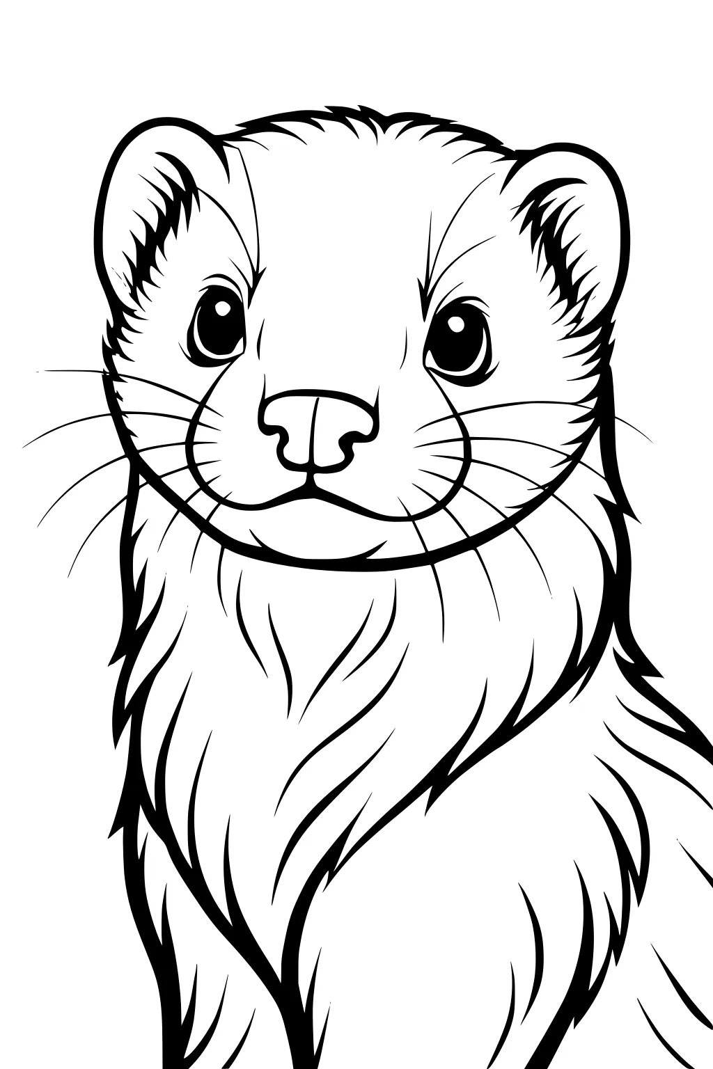 Ferret with round eyes, perky ears, long whiskers, and fluffy fur, shown in a close-up outline drawing.