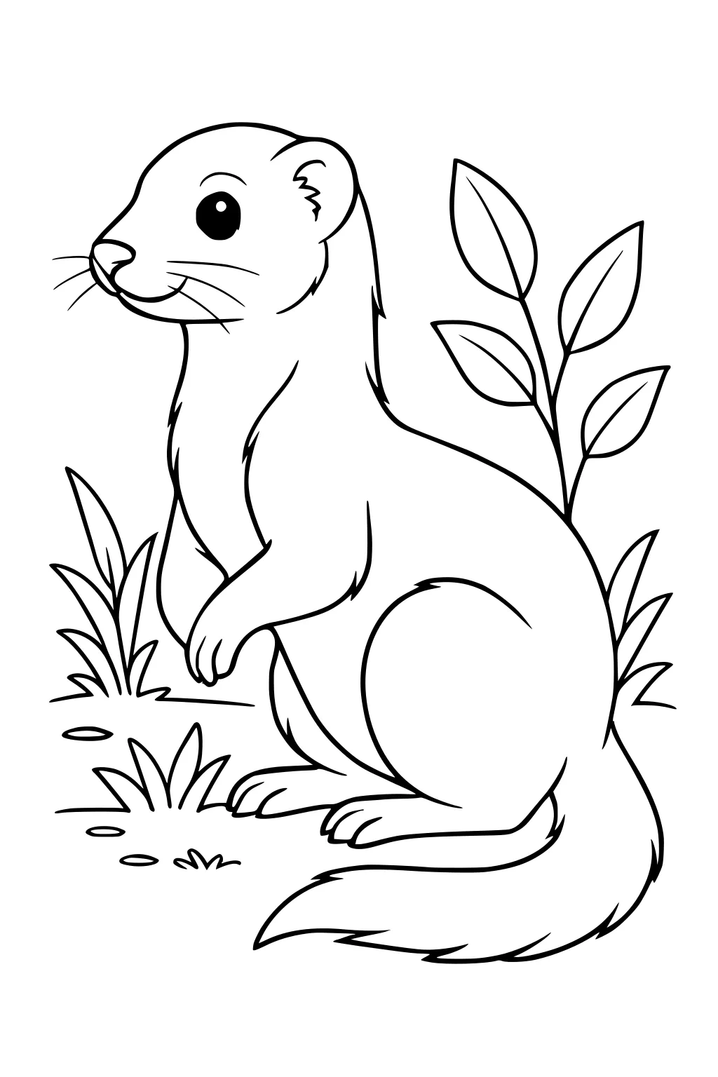 Line drawing of a ferret standing on hind legs surrounded by grass and tall leaves.