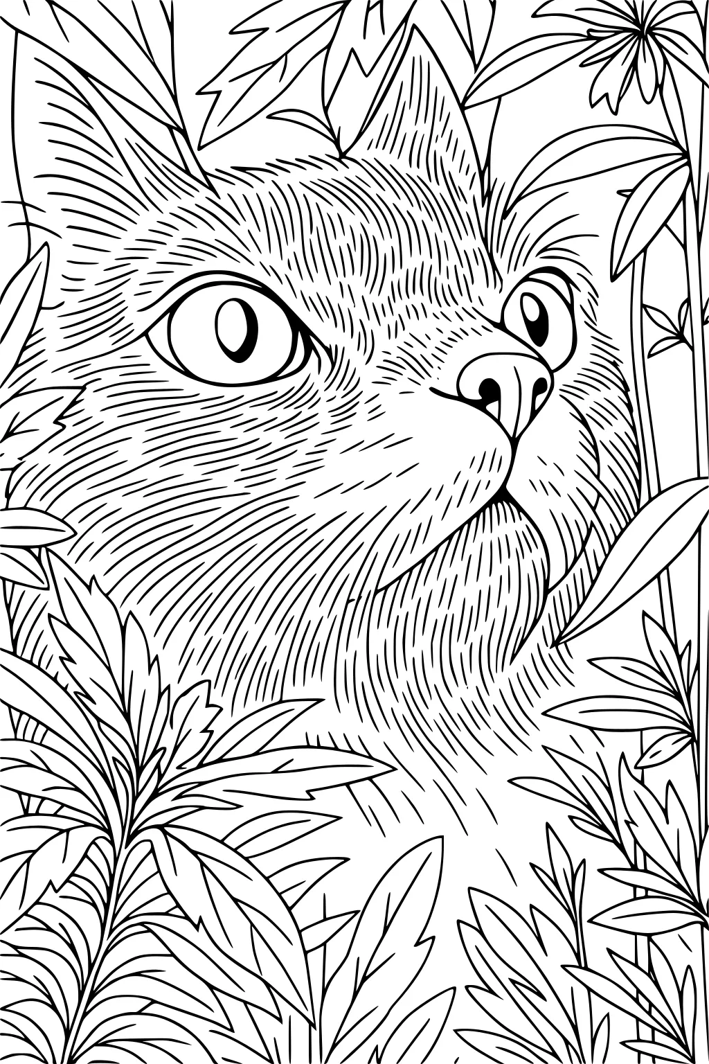 Cat face with alert eyes peering through leafy plants and flowers, surrounded by detailed linework foliage.