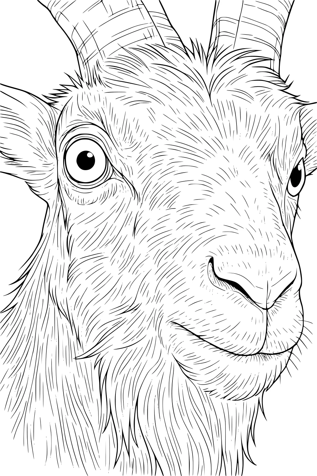 Goat face close-up with large eyes, striped curved horns, furry muzzle, and detailed beard.
