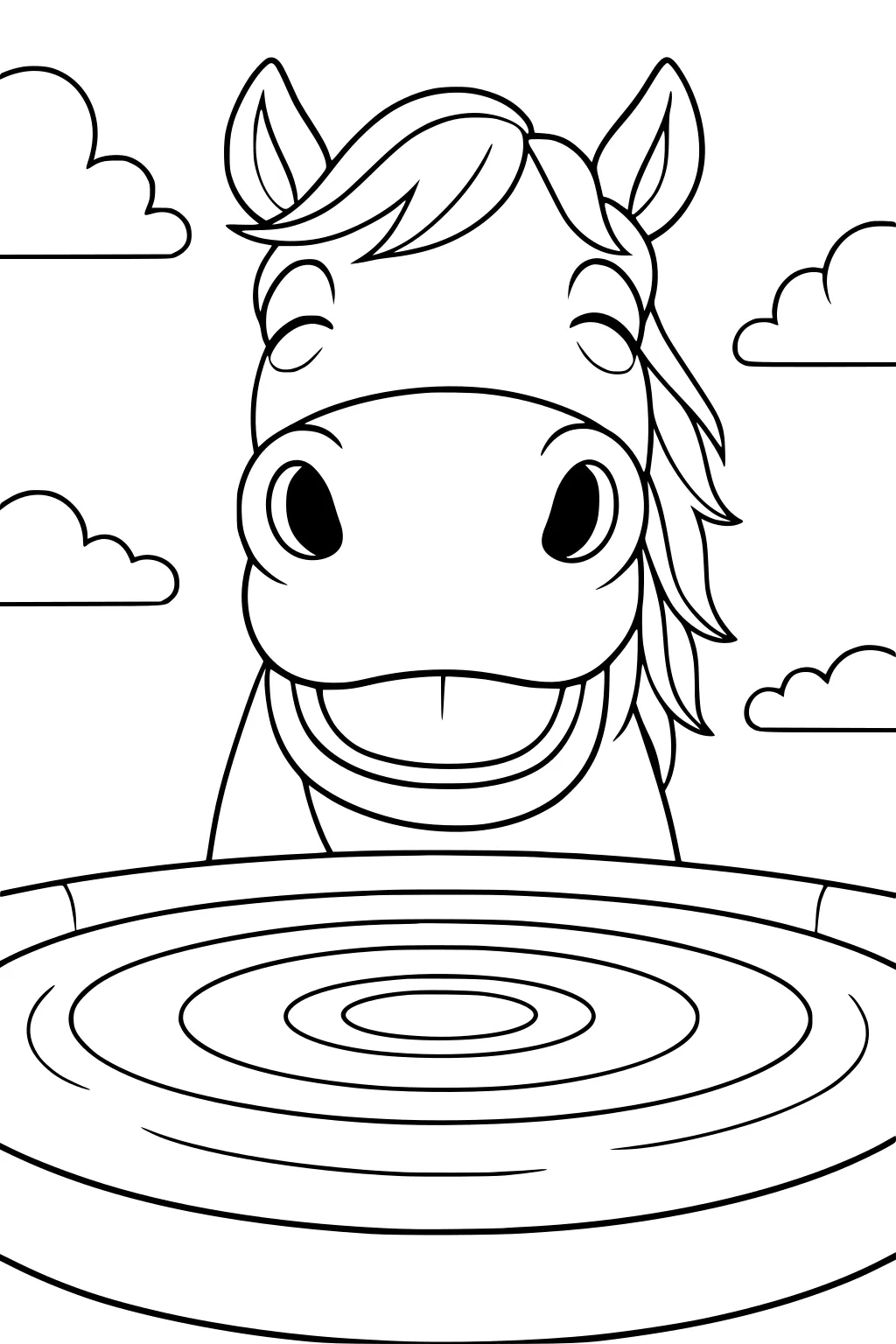 Cartoon horse with big eyes stands behind a round water trough, with clouds in the sky and a flowing mane.