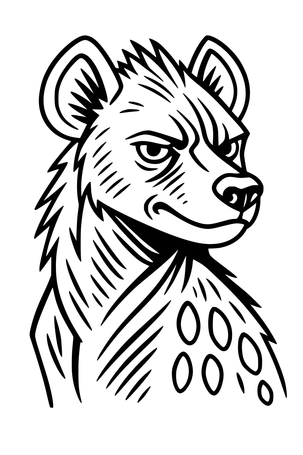 Cartoon hyena head and shoulders, big rounded ears, alert eyes, five shoulder spots, spiky fur lines.