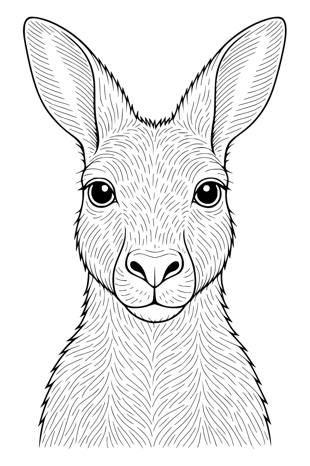 Front view of a kangaroo's face with open eyes, upright ears and textured fur, centered on white background.
