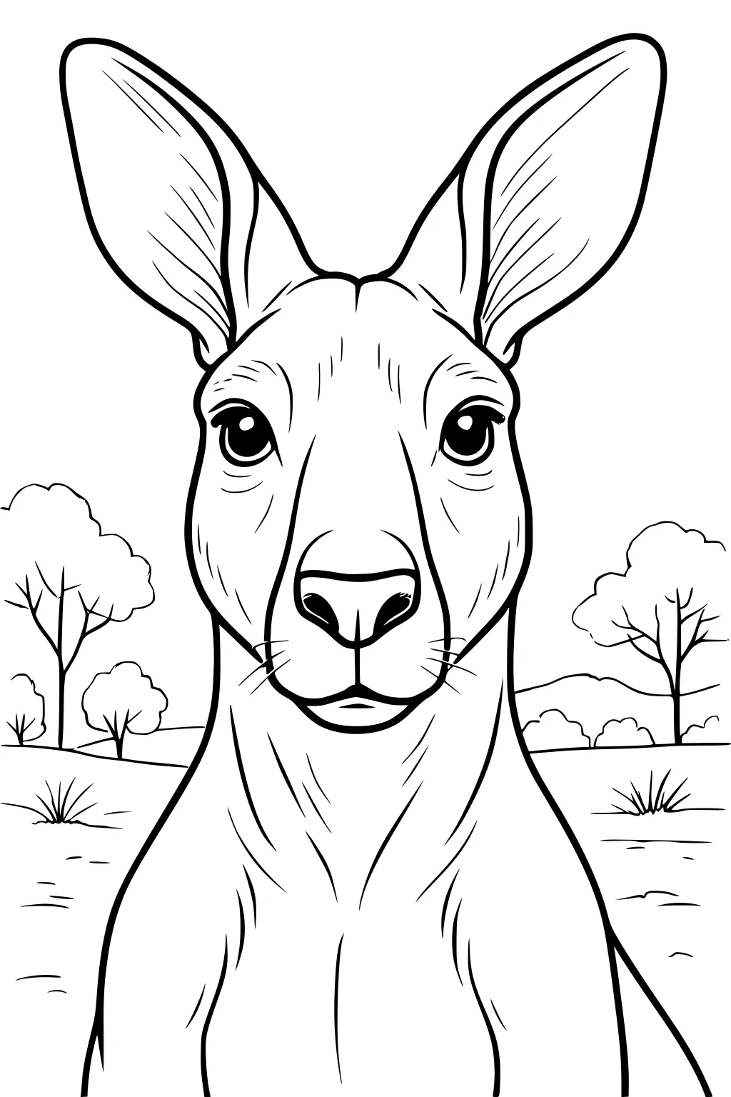 Front view of a kangaroo with large ears and a broad nose, with bushy trees and grassy land in the background.