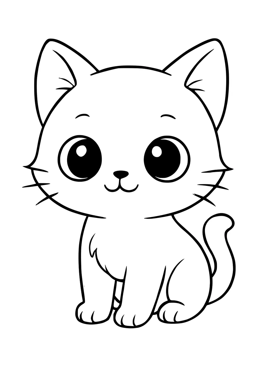 Cartoon kitten with big eyes, round head, striped body, and a curly tail sitting upright, looking forward.