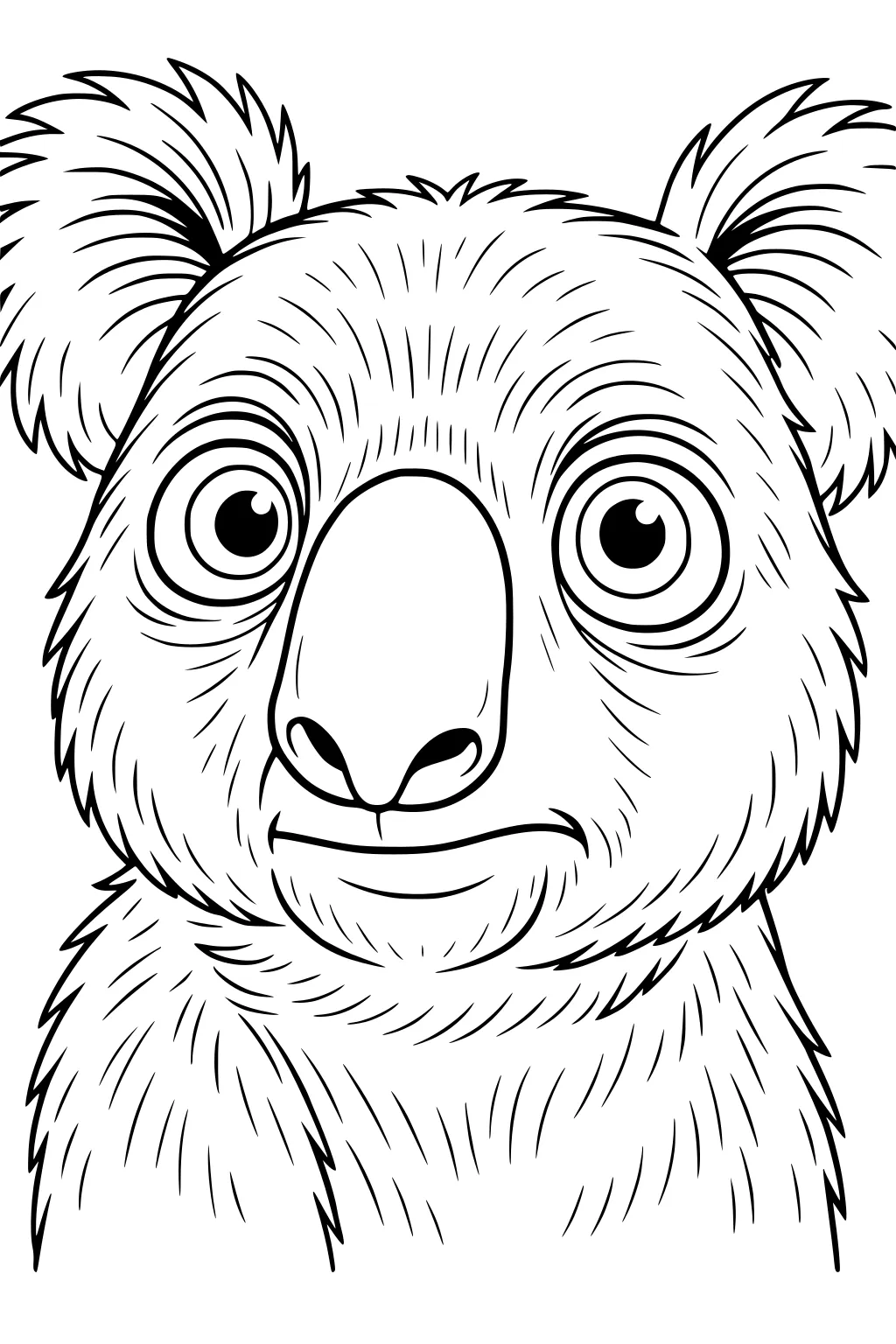 Close-up drawing of a koala with big ears, wide eyes, and textured fur lines.
