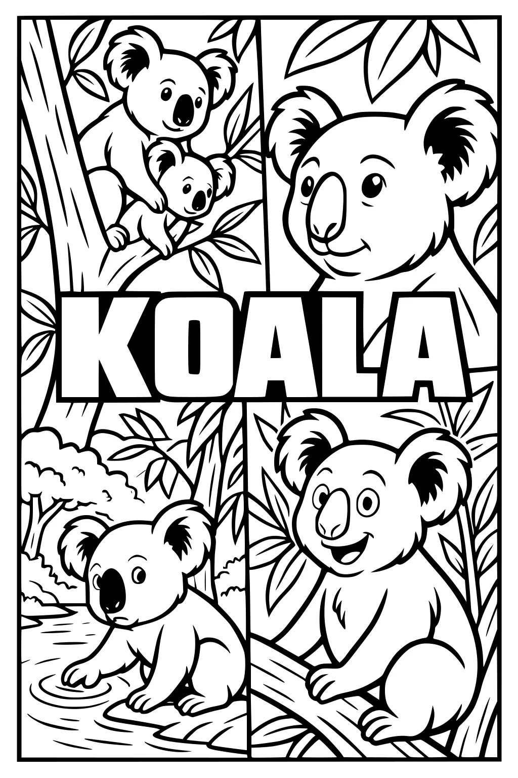 Four cartoon koalas in woodland scenes with leaves and trees, plus large KOALA text in the middle.
