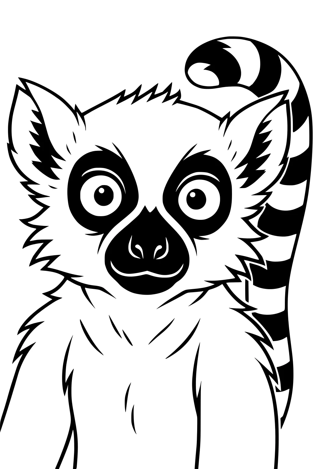 Cartoon lemur with big round eyes, furry ears, and a striped tail curled behind its head.