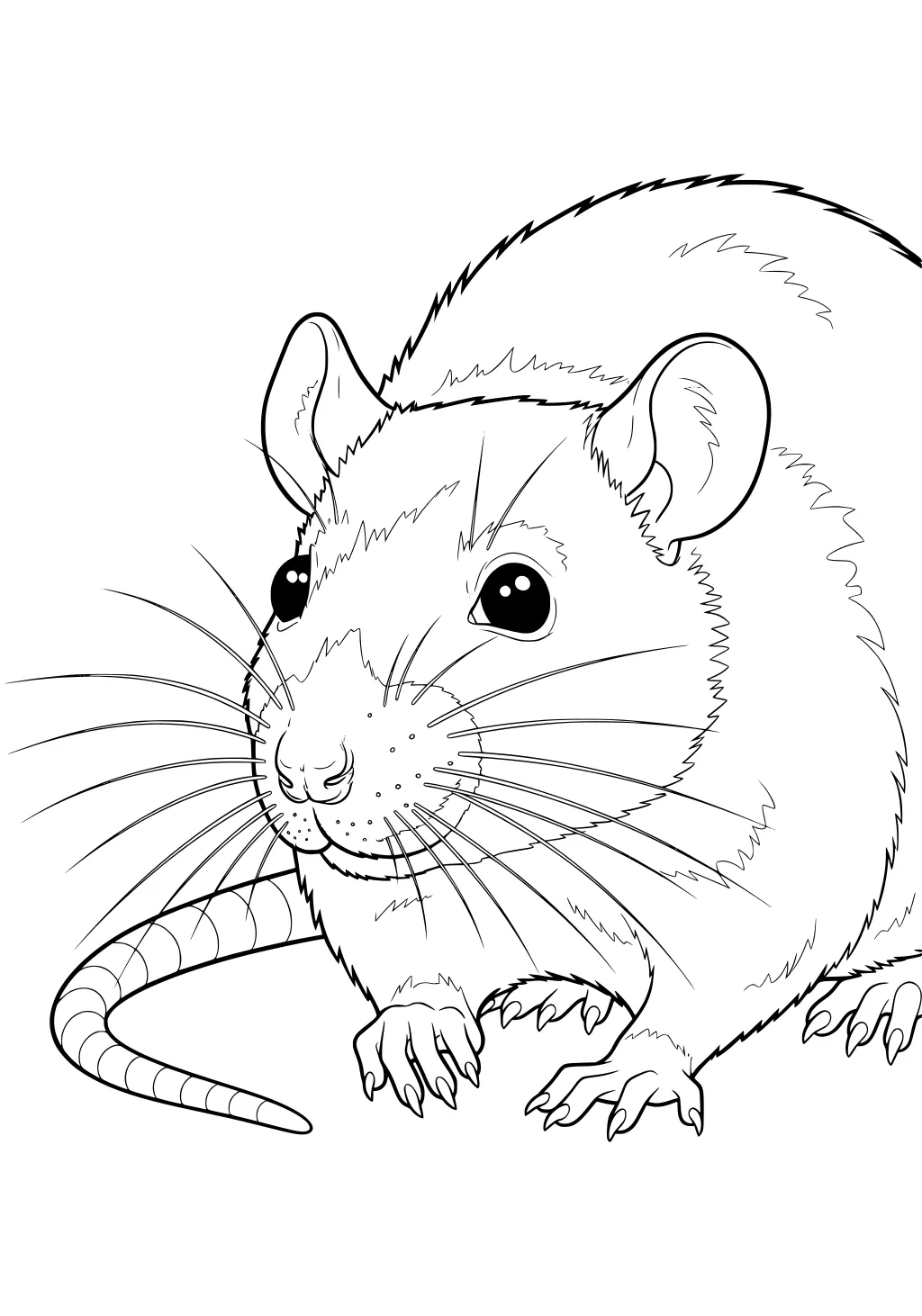 Line drawing of a rat with large eyes, detailed fur, long whiskers, and a curled tail, facing forward.