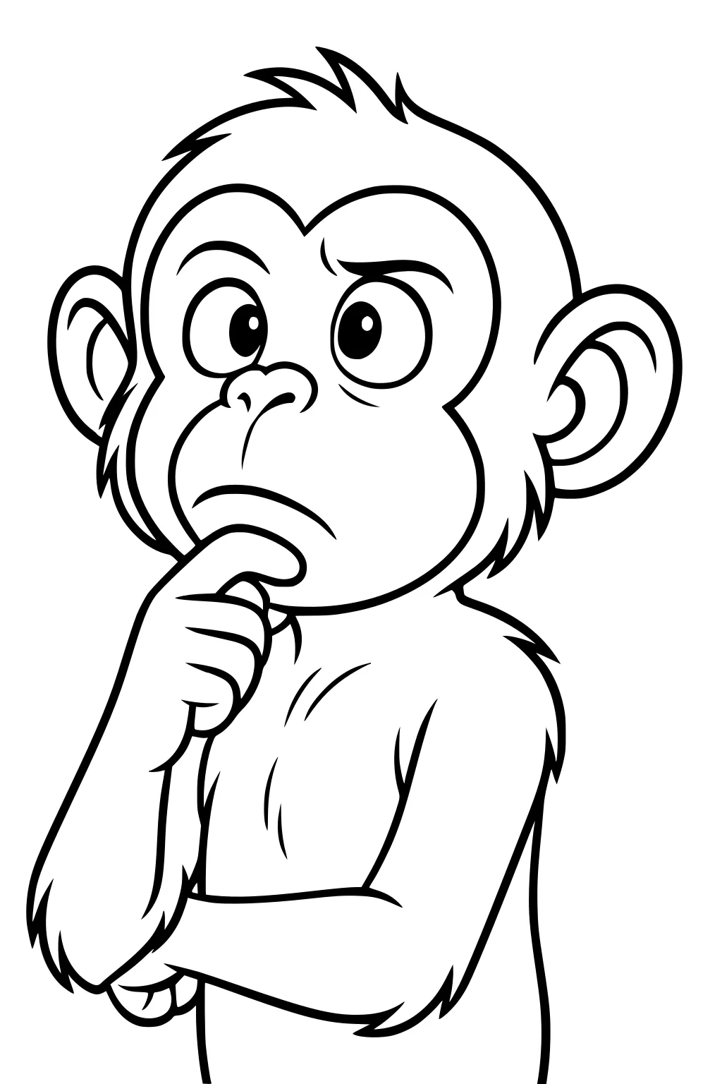 Cartoon monkey with one hand on chin and folded arms, appearing thoughtful and curious.