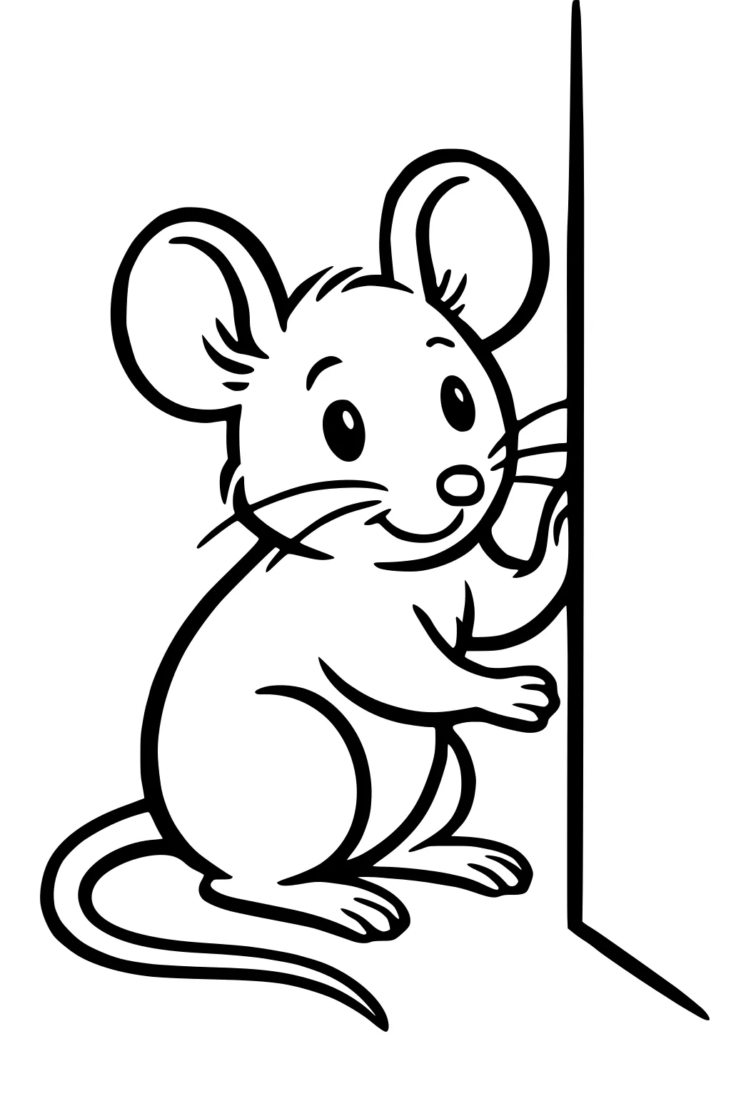Cartoon mouse with large ears and long tail sitting beside a corner, one paw touching the wall, smiling.