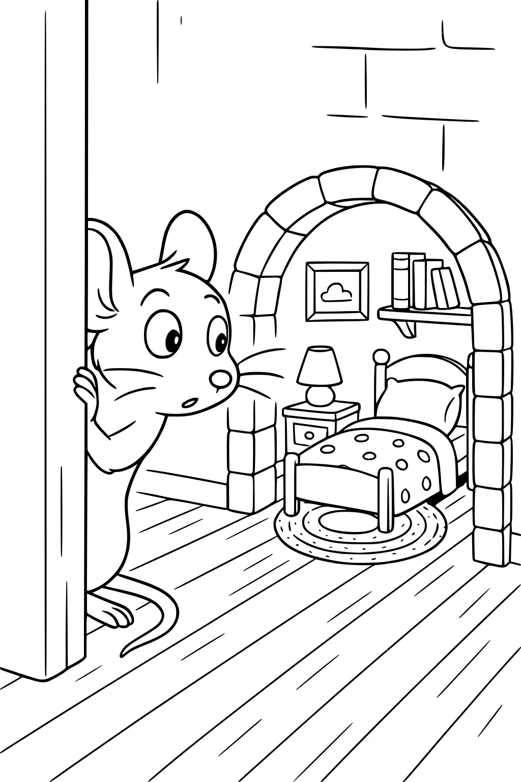 Cartoon mouse peeks from behind a wall into a cozy mouse bedroom with a bed, rug, lamp, bookshelf, and framed picture.