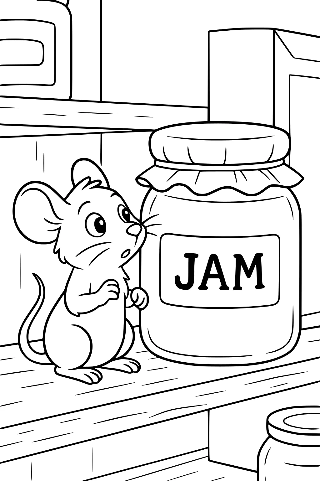 Mouse on pantry shelf staring at a big jam jar with frilled lid and bold label, surrounded by shelves and jars.