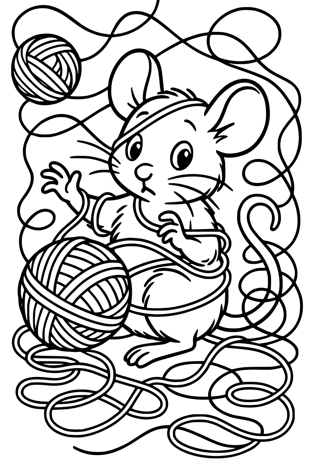 Mouse in a shirt sits tangled in yarn with yarn balls and string loops covering the floor and background.