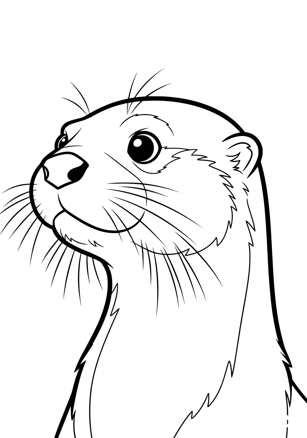 Line drawing of an otter with big eyes, long whiskers, small ears, and a curved neck. Simple background.