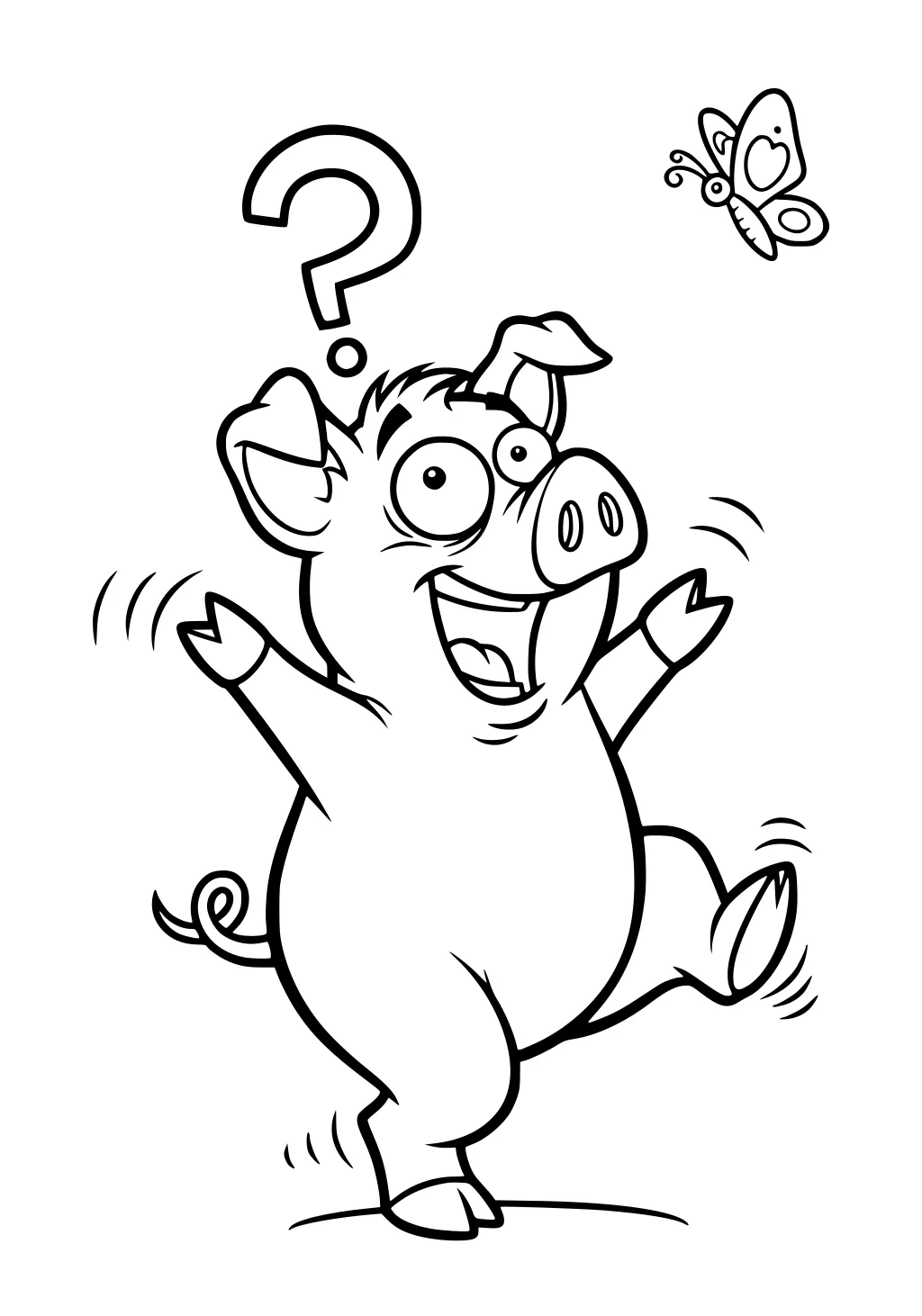 Cartoon pig with raised arms and question mark, looking at a butterfly in the air.