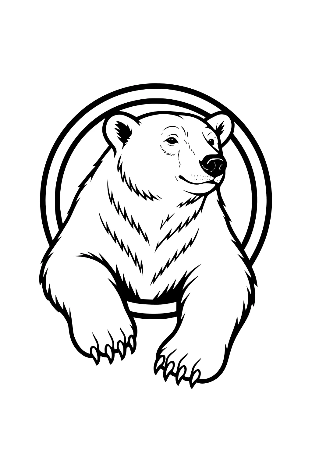 Polar bear with big paws hanging over two rings, facing forward with gentle eyes and thick fur.