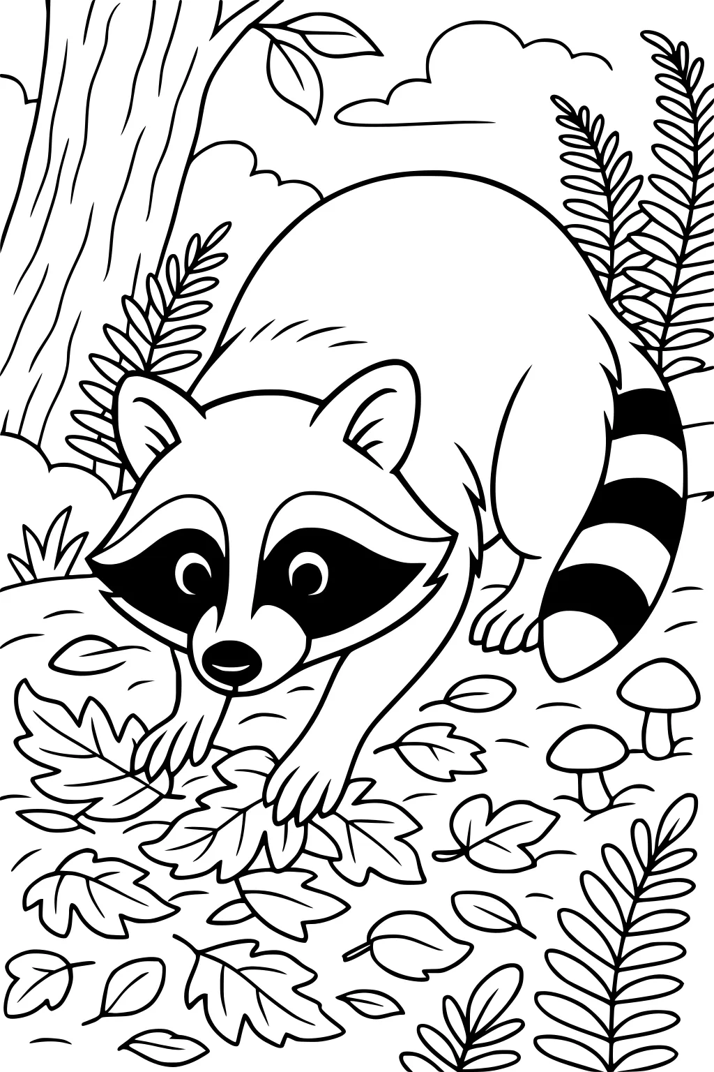 A raccoon with a striped tail searching through leaves on a forest floor with ferns, mushrooms, and a tree in the background.