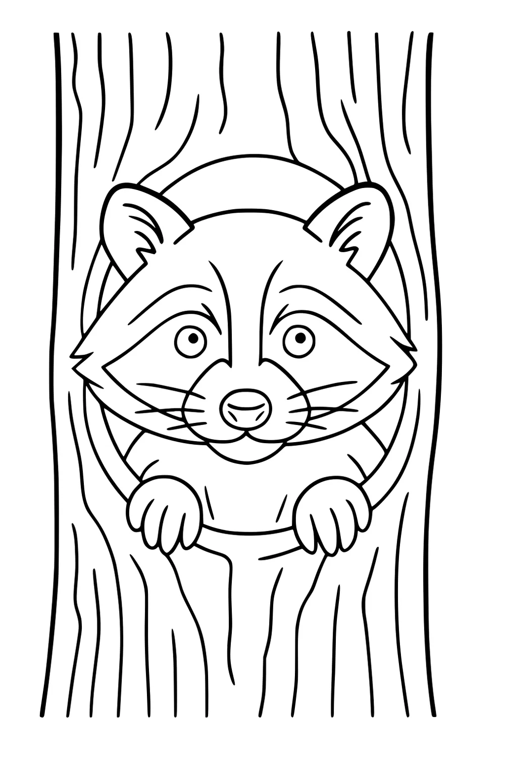 Raccoon with paws and face peeking from a hole in a tree trunk with textured bark lines.