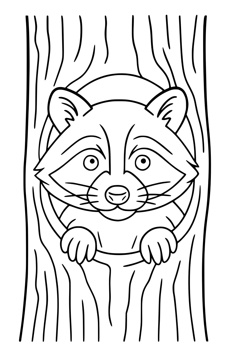 Raccoon with paws and face peeking from a hole in a tree trunk with textured bark lines.