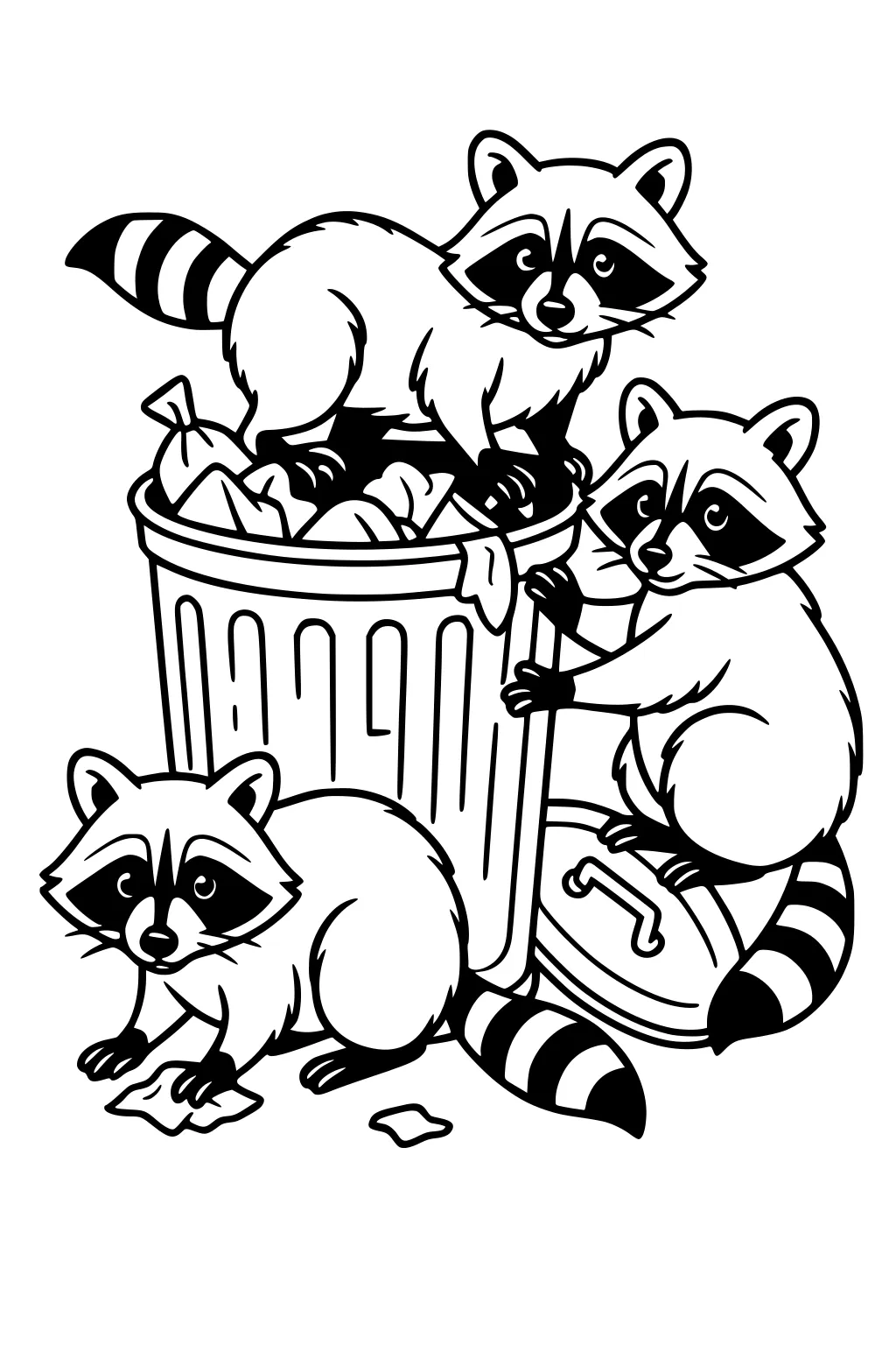 Three raccoons interact with a trash can. One stands on top, one peers in, and one sits nearby playing with scraps.