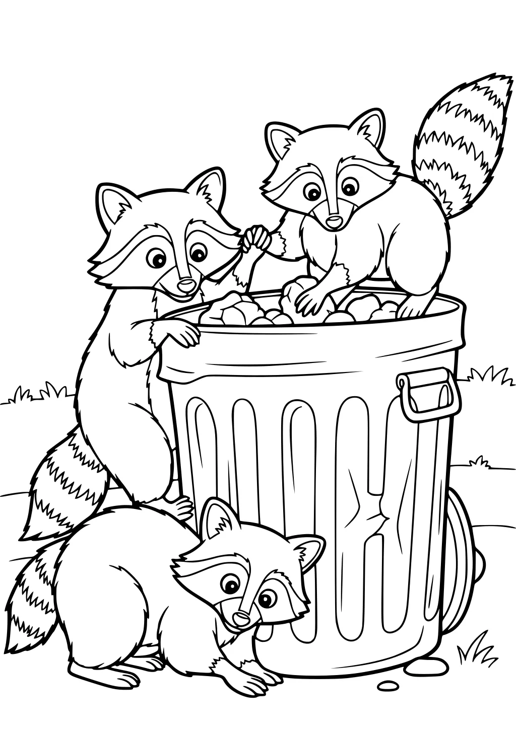 Three raccoons with ringed tails exploring a metal trash can, one on top, one standing, and one crouching nearby.