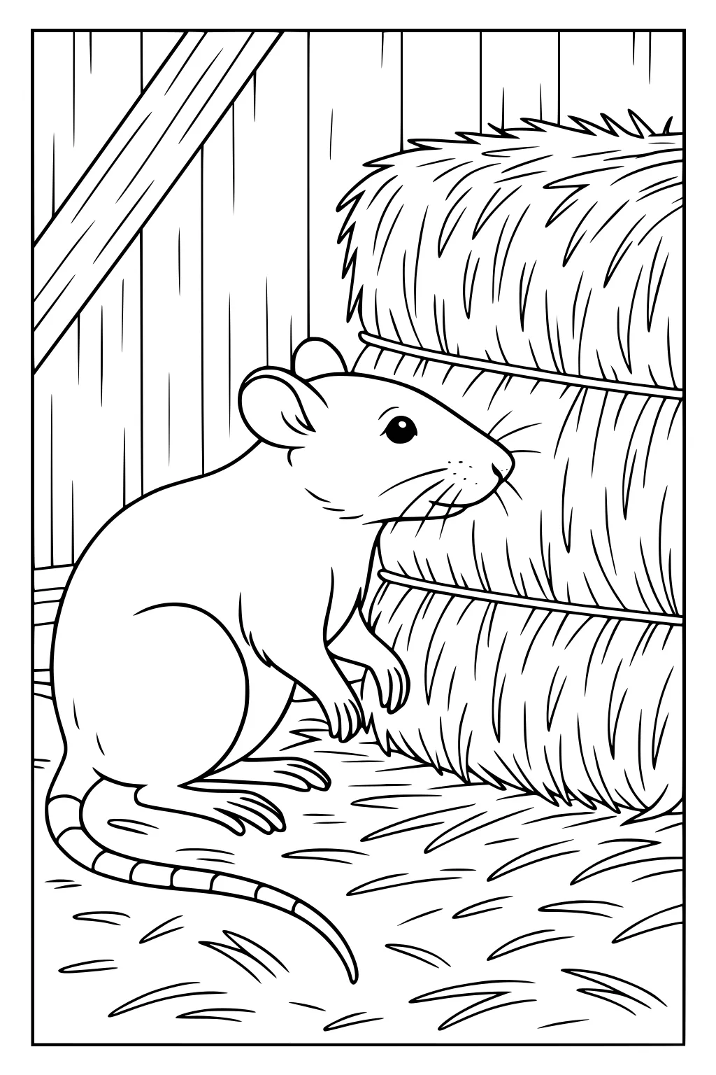 A rat sitting beside stacks of hay inside a wooden barn with straw scattered on the floor.