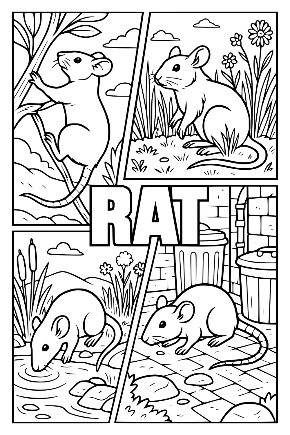 Four panels showing rats in nature and city: climbing a tree, in grass, by water, and beside trash cans with bold outlines.