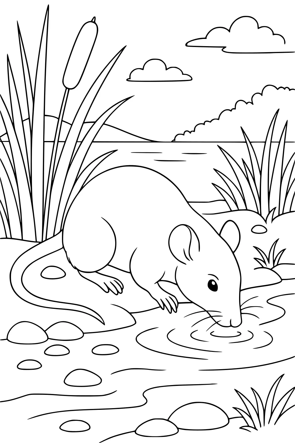 A rat drinks from a pond among reeds, rocks, cattails, and distant hills with clouds above.